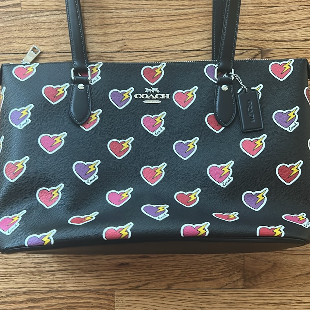 Coach Black Tote with Pink, Purple, Red and Yellow Heart Print - Picture 3 of 16